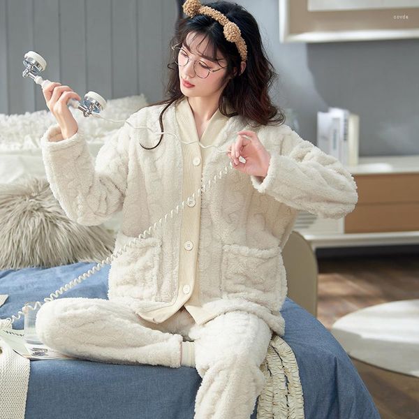 Vêtements de nuit pour femmes hiver flanelle pyjama ensemble femmes en peluche pyjamas maison vêtements épais chaud corail velours femme chemise de nuit costume