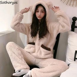 Pyjama de flanelle hivernal pour femmes Set Femmes Femmes Sweet Cartoon Hooded Fluffy Thermal Therm Therm Therm Thermproofing Nightwear Pockets adolescents mignons