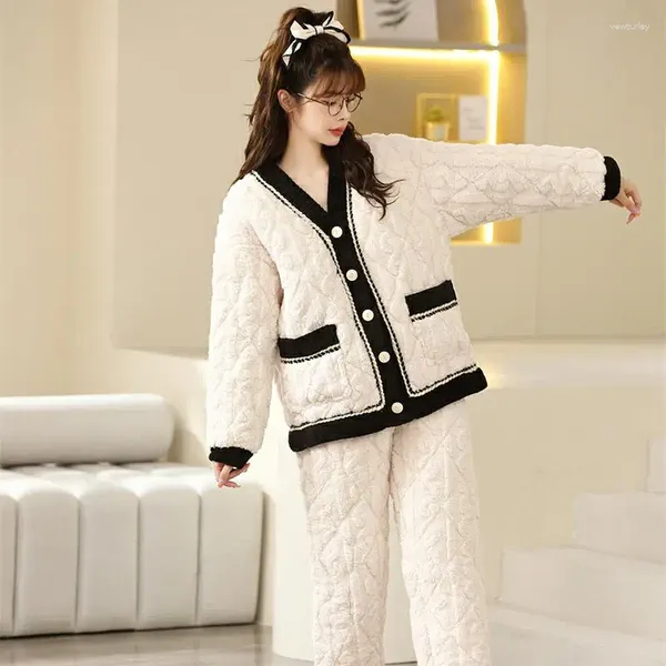 Pyjama d'hiver pour femmes, ensemble deux pièces en coton, vêtements chauds pour la maison, sous-vêtements, robe de nuit, automne