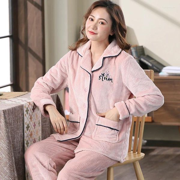 Pyjamas d'hiver pour femmes pour femmes Coral Fleece épais 2 pièces chaudes pyjamas doux ensemble pour dames Lounge chambre à coucher