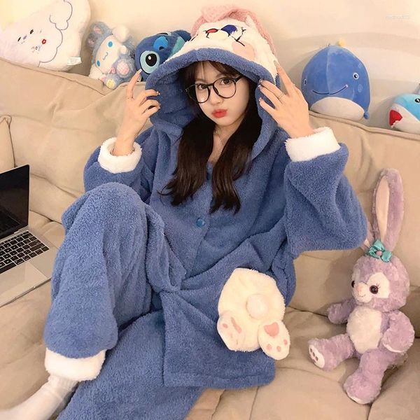 Vêtements de nuit pour femmes Pyjamas d'hiver pour femmes Set filles adultes épais Pijama Mujer coréen lâche corail velours pyjama loungewear belle capuche