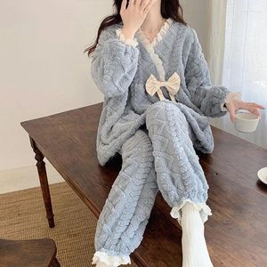 Pyjama d'hiver pour femmes, vêtements de nuit, pulls japonais, mignons, épais, doux, en peluche, vêtements chauds pour la maison, ensemble deux pièces