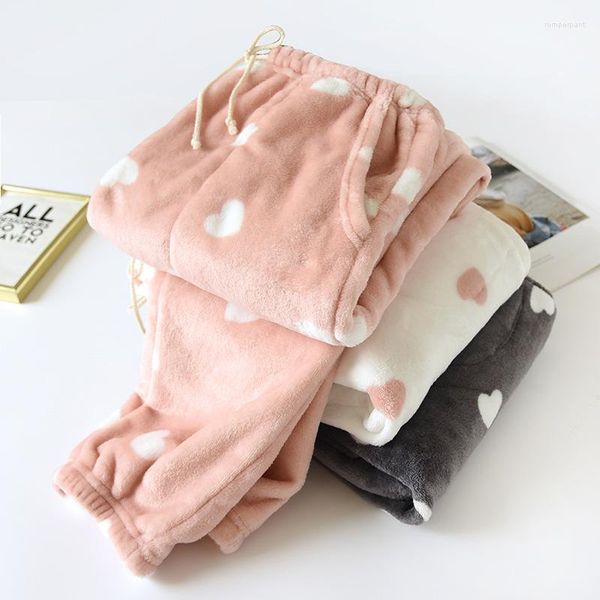 Ropa de dormir para mujer, pantalones para dormir de invierno, pantalones gruesos de franela con estampado de amor, forro polar de Coral, pantalones frescos y dulces para el hogar, polainas, ropa de dormir