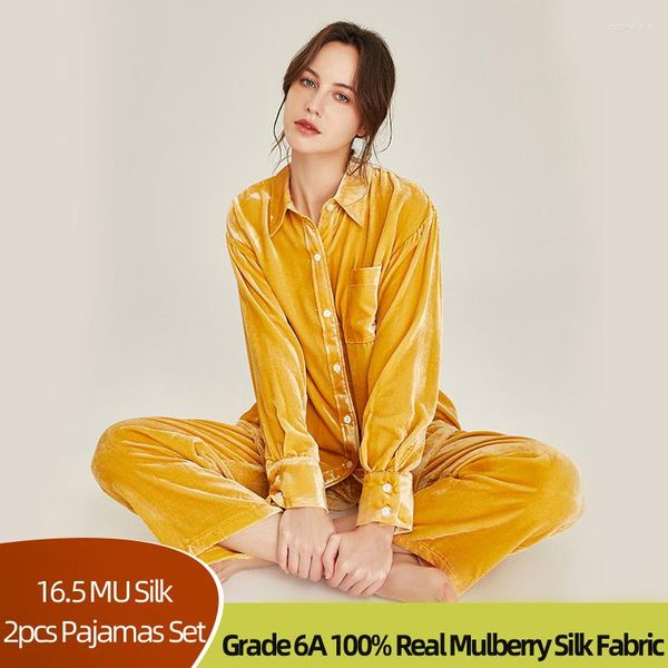 Ropa de dormir para mujer Conjunto de pijamas de seda de primavera de invierno para tela Velevet 2 piezas Reak PJS Pantalón de manga larga Ropa de salón Traje para casa