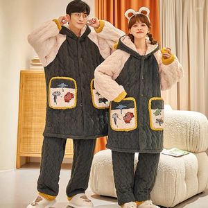 Vêtements de nuit pour femmes hiver épais vêtements de maison pour couple chaud flanelle pyjamas ensemble à capuche 3 couches de coton