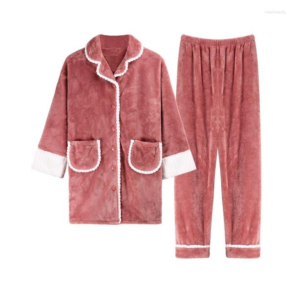 Vêtements de nuit pour femmes hiver épais chaud flanelle pyjamas ensemble corail cachemire à manches longues décontracté doux M-3XL femme Homewear