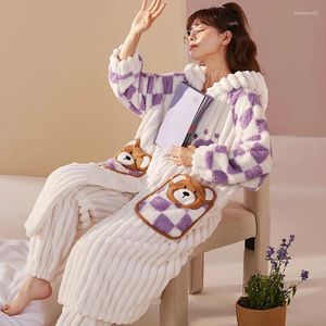 Vêtements de nuit pour femmes Hiver Épaissir Femmes Night-Robe Pyjamas À Capuchon Doux Chaud Chemise De Nuit Kawaii Ours Robe De Nuit Avec Pantalon Deux Pièces Ensemble