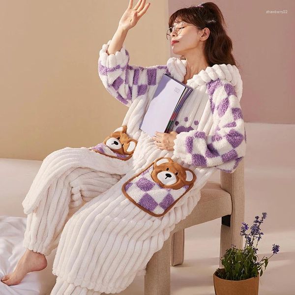 Ropa de dormir para mujer Invierno Espesar Mujeres Night-Robe Pijamas con capucha Suave Camisón Cálido Kawaii Oso Vestido de noche con pantalones Conjunto de dos piezas