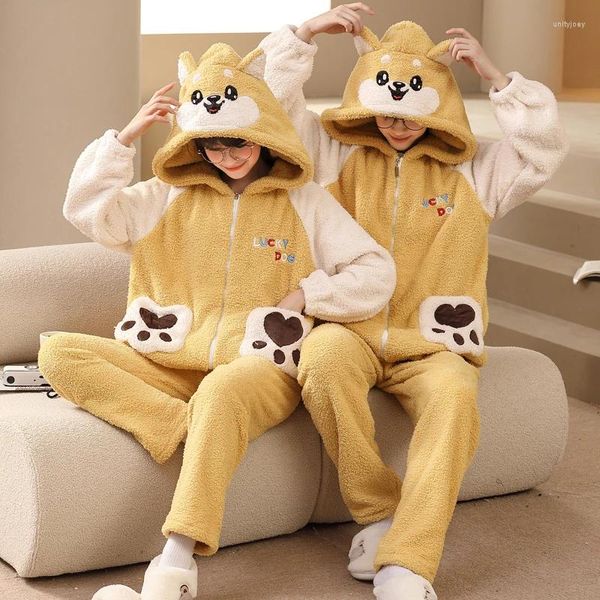 Vêtements de nuit pour femmes Hiver Épaissir Femmes Pyjamas Ensembles Couples Hommes Dessin Animé Chien Pyjamas Coréen Costumes À Capuche Amoureux Chemise De Nuit Pijama Unisexe