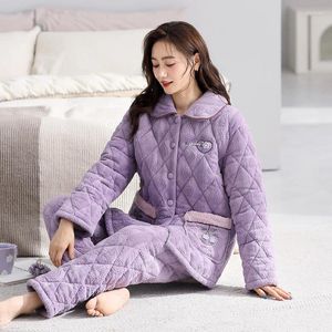 Vêtements de nuit pour femmes hiver veste en coton en peluche épaissie à trois couches avec pyjama corail velours flanelle vêtements de maison ensemble d'isolation
