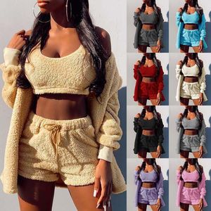 Dames slaapkleding winterfluweel pyjama's set crop top shorts jas 3 stuks passen warm zacht fleece woonkleding pyjama's loungewear s-3xl