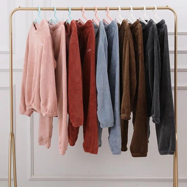 Pyjamas en molleton de corail chaud d'hiver pour femmes, vêtements de nuit pour femmes, ensembles épais de couleur unie à la mode