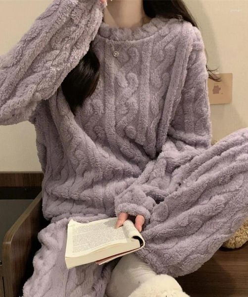 Ropa de dormir para Mujer, conjuntos de pijamas de franela cálidos para Invierno, pijamas lisos de manga larga de terciopelo Coral grueso para Mujer, trajes de noche para Mujer, ropa de casa