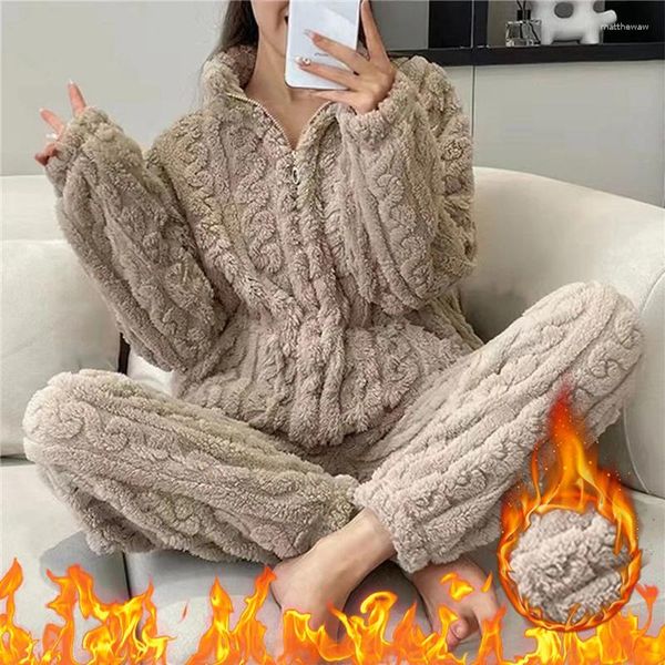 Ropa de dormir de invierno para mujer, conjunto de pijamas de franela cálidos, terciopelo Coral grueso, pijamas de manga larga, ropa de dormir de ocio para ciudad nocturna