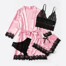 Ropa de dormir para mujer Ropa de dormir para mujer 4 piezas Conjunto de pijamas de satén con adornos de encaje floral con túnica Pijamas de seda sintética sexy Conjuntos de túnica Ropa casual para el hogar Ropa de dormir 230321