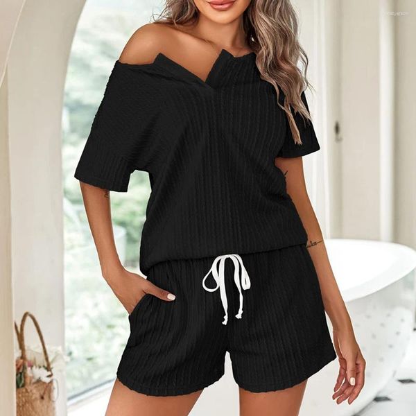 Vêtements de nuit pour femmes Femmes 2 pièces Ensembles de salon Style décontracté Pyjamas à col en V Hauts en tricot côtelé Shorts Tenue quotidienne Vacances Vacances