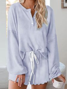 Dames nachtkleding Dames 2-delige pyjamaset Lange mouw Sweatshirt met halve knopen en ruches Trekkoord Shorts Gezellig sweatsuit Informeel Schattig