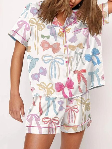 Vêtements de nuit pour femmes Femmes 2 pièces Satin Pyjama Ensemble Mignon Bow Imprimer Chemise à manches courtes Short en vrac Assorti Summer Casual Loungewear