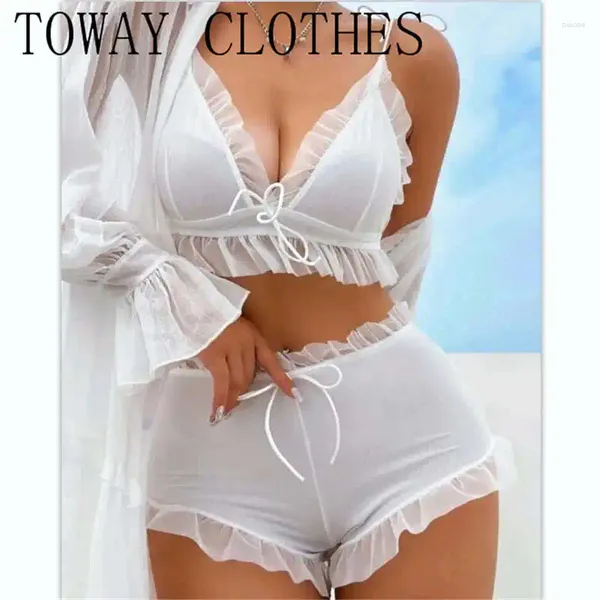 Ropa de dormir para mujer Conjunto de sujetador blanco de 2 piezas Perspectiva para mujer Ropa interior de empalme de malla con dobladillo de encaje sexy