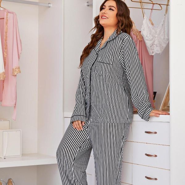 Ropa de dormir para mujer Mujeres 2pcs Traje de pijamas con bolsillo Negro Rayas Primavera Otoño Lencería íntima Casual Tamaño grande Conjunto de dormir Ropa de dormir