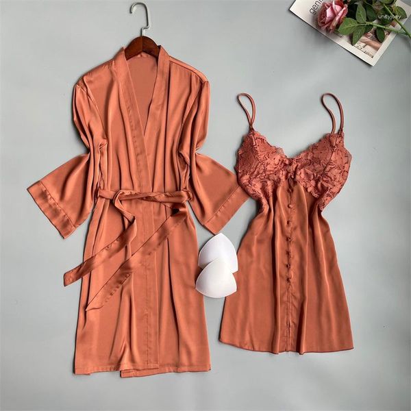 Ropa de dormir para mujer Mujeres 2 unids Robe Bata Traje Kimono Pijamas Conjuntos Sexy Naranja Satén Encaje Albornoz Home Wear Nightgown