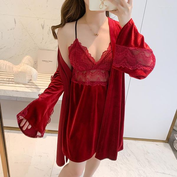 Vêtements de nuit pour femmes femmes 2 pièces ensemble de sommeil Kimono Robe velours Robe dentelle Patchwork Sexy peignoir salon porter Perspective maison vêtements