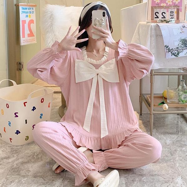 Ropa de dormir para mujer Conjuntos de pijamas con lazo a rayas de 2 piezas Conjunto de pijama de poliéster con manga de brote M-XXL Ropa de dormir Ropa informal holgada para el hogar