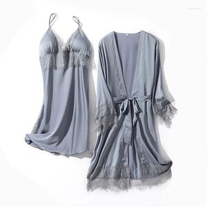 Vêtements de nuit pour femmes 2 pièces ensembles Satin soie dentelle Robe chemise de nuit et dos nu robe de nuit ensemble de pyjamas