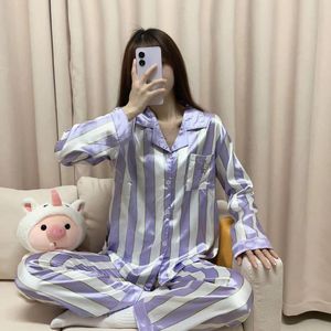 Ensembles de pyjamas 2 pièces pour femmes Ensembles de pyjamas 2 pièces violet rayé Pijama Faux Soie Satin Revers Pyjama Femme Chemise à manches longues Pantalon Homewear