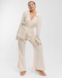 Vêtements de nuit pour femmes Pyjama en crêpe de coton pour femmes Ensemble 2 pièces avec pantalon à manches longues Laides Solid Oversize Summer Spring Homewear Pour Femme