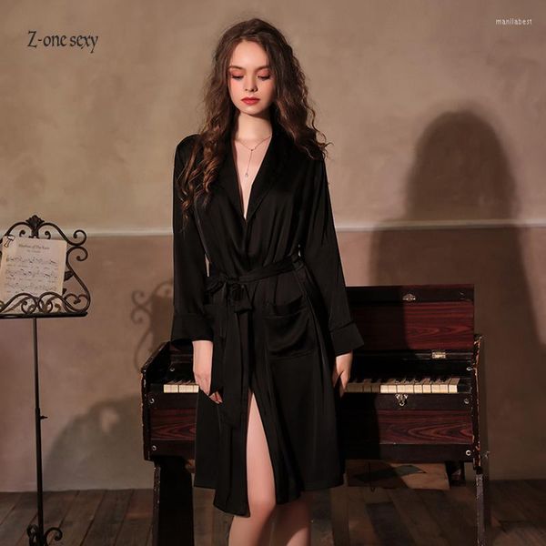 Vêtements de nuit pour femmes Pyjamas amusants pour femmes Européens et américains Sexy Deep V Soie Longueur moyenne Robe Peignoir Costume Vêtements de maison