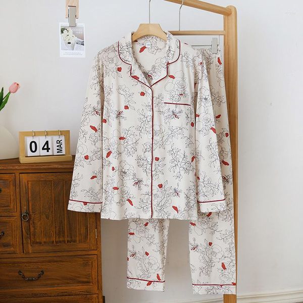 Ropa de dormir para mujer, conjunto de pijama de algodón de punto para mujer, pijama de manga larga de longitud completa, ropa de dormir suelta con estampado Floral para mujer