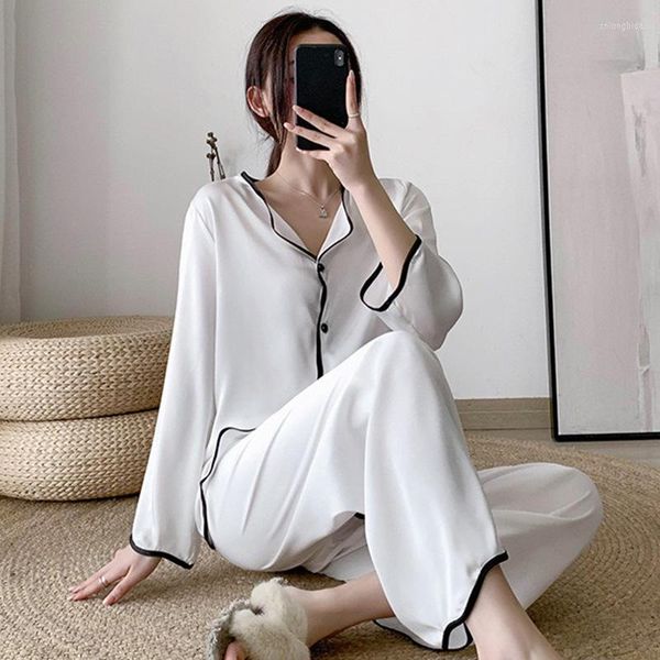 Pyjama à manches longues pour femmes printemps et automne mur coton mince soie blanche costume de ménage