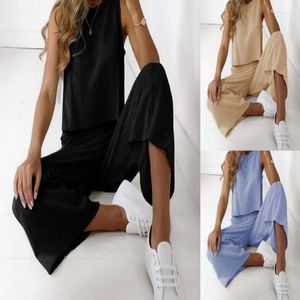 Vêtements de nuit pour femmes pyjamas pour femmes été décontracté coton lin solide haut sans manches avec pantalon à jambes larges ensemble 2023 mode dames Homewear