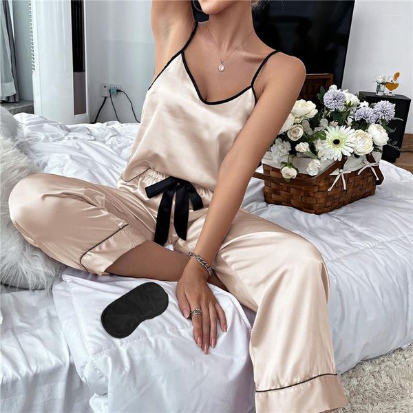 Vêtements de nuit pour femmes Pijamas pour femmes Lingerie sexy Pyjamas en soie Ensemble de masque pour les yeux Satin Cami Gilet avec pantalon Vêtements de nuit Pyjama Femme Mujer Pjs