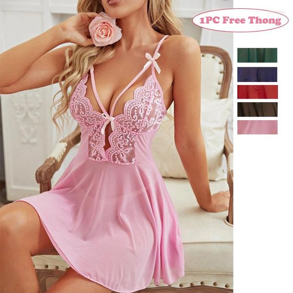 Ropa de dormir para mujer Camisón de encaje sexy Conjunto de pijamas de lencería con lazo Disfraces de babydoll Vestidos eróticos Tanga libre exótica