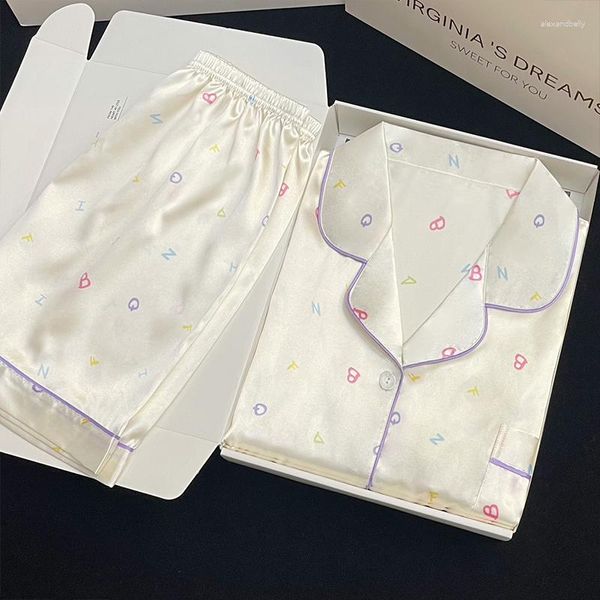 Ropa de dormir para mujer, pijama de seda para mujer, conjunto de manga corta de verano, camisa para mujer, pantalones cortos, trajes de noche, pijama bonito, ropa de casa de satén