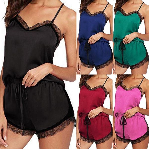 Ropa de dormir para mujer Conjunto de pijama de satén sexy de seda para mujer Pijama con cuello en V de encaje negro Cami sin mangas Top y pantalones cortos Pijama de 2 piezas