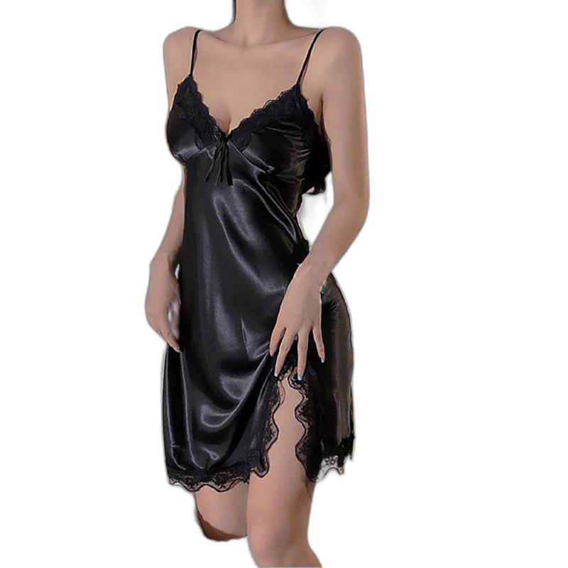 Women's Sleepwear Women's Solid Short Satin Nightgown Mini Slip Chemise Nightwear Sexy Ladies Nightie With Lace Trim Sujetadores Sexis