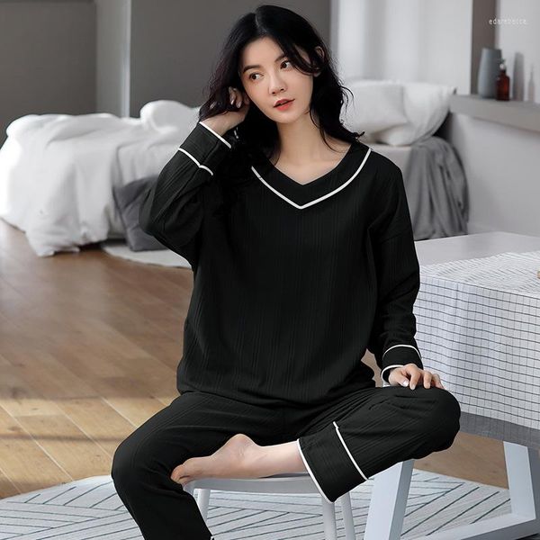 Ropa de Dormir para Mujer Modelos de Pijamas de algodón Puro de Primavera y otoño para Mujer Servicio a Domicilio de Manga Larga Traje Informal Suelto Simple de Gran tamaño