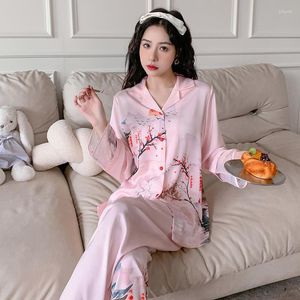 Vêtements de nuit pour femmes Ensemble de pyjama imprimé de style chinois décontracté doux pour femmes Printemps Automne Costumes à manches longues pouvant être usés