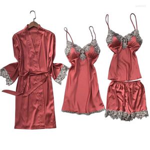 Dames Nachtkleding Dames 4-delig Set Vest Jurk Top Shorts Effen Kleur Sexy Kant Dames Zijde Satijn Comfort Los Zacht Poplin Pamas