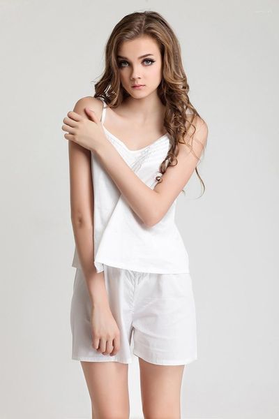 Vêtements de nuit pour femmes Femmes réglables Spaghetti Strap Shorts Set Full Coton Blanc Sexy Bref Casual Lounge Night