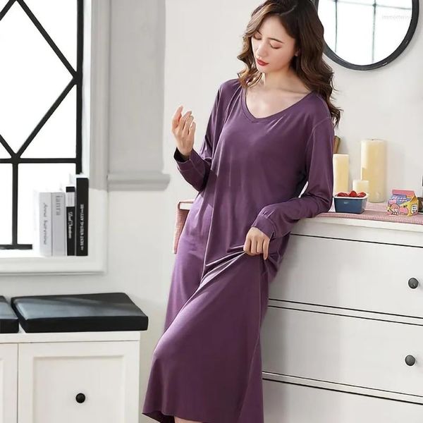 Vêtements de nuit pour femmes femmes automne à manches longues solide chemise de nuit col rond sur les genoux doux nuisettes rembourré élégant confort salon porter décontracté