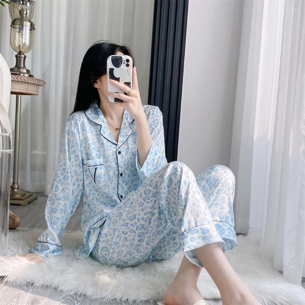 Ropa de dormir para mujer Conjunto de pijama con estampado de leopardo azul Pijamas de satén Ropa de dormir cómoda de dos piezas para el hogar