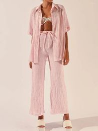 Ropa de dormir para mujer Conjuntos de pijamas casuales de 2 piezas Beach Street Loungewear Outfit Camisa de manga corta Cintura alta Pantalones con cordones Trajes