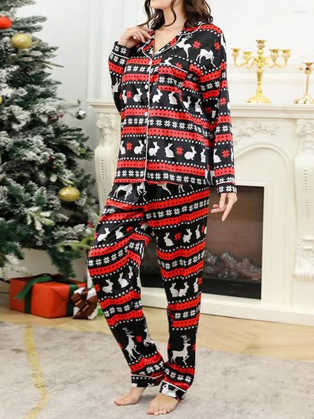 Vêtements de nuit pour femmes Femmes Pyjama de Noël Ensemble 2 pièces Satin Chemise à manches longues Pantalon coupe ample Loungewear Xmas Home Wears