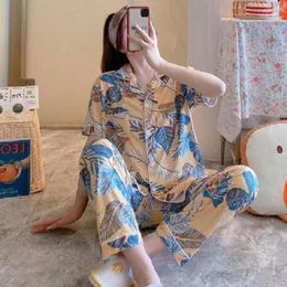 Dames Nachtkleding Dameskleding Voor Zomer Lente Pyjama Sets Bloemen Vest Lange Broek Pijamas Mujer Korte Mouw Melk Zijden Pyjama
