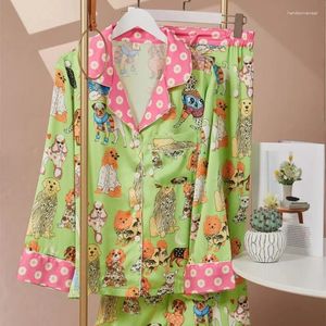Ropa de dormir para mujer Mujeres Moda Perros Imprimir Seda Pijama Conjunto Señoras Lindo Verde Largo Pijama Diseñadores Pijamas