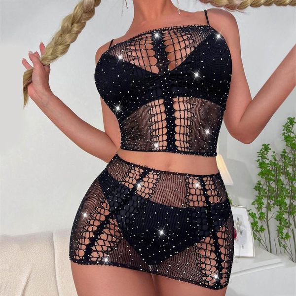 Vêtements de nuit pour femmes Femmes Mode Floral Dentelle Deux pièces Sexy Lingerie Femme Lenceria Sous-vêtements érotiques Voir à travers Costume Combinaison Mesh